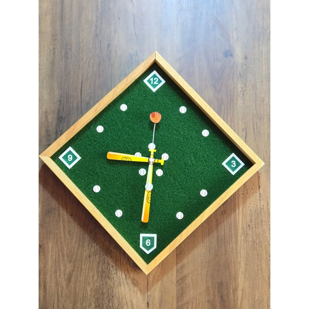 Restore & Restyle Kids Baseball Wall Clock Sports Collection Wood Green Felt NEW